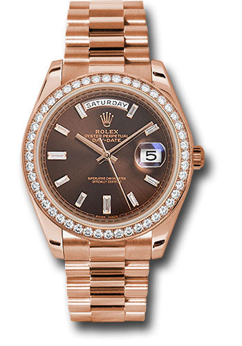 *Pre-Owned* Rolex Everose Gold Day-Date 40 Watch - Everose Gold Bezel - Chocolate Baguette Diamond Dial - President Bracelet