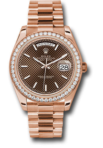 *Pre-Owned* Rolex Everose Gold Day-Date 40 Watch - Everose Gold Bezel - Chocolate Diagonal Motif Index Dial - President Bracelet
