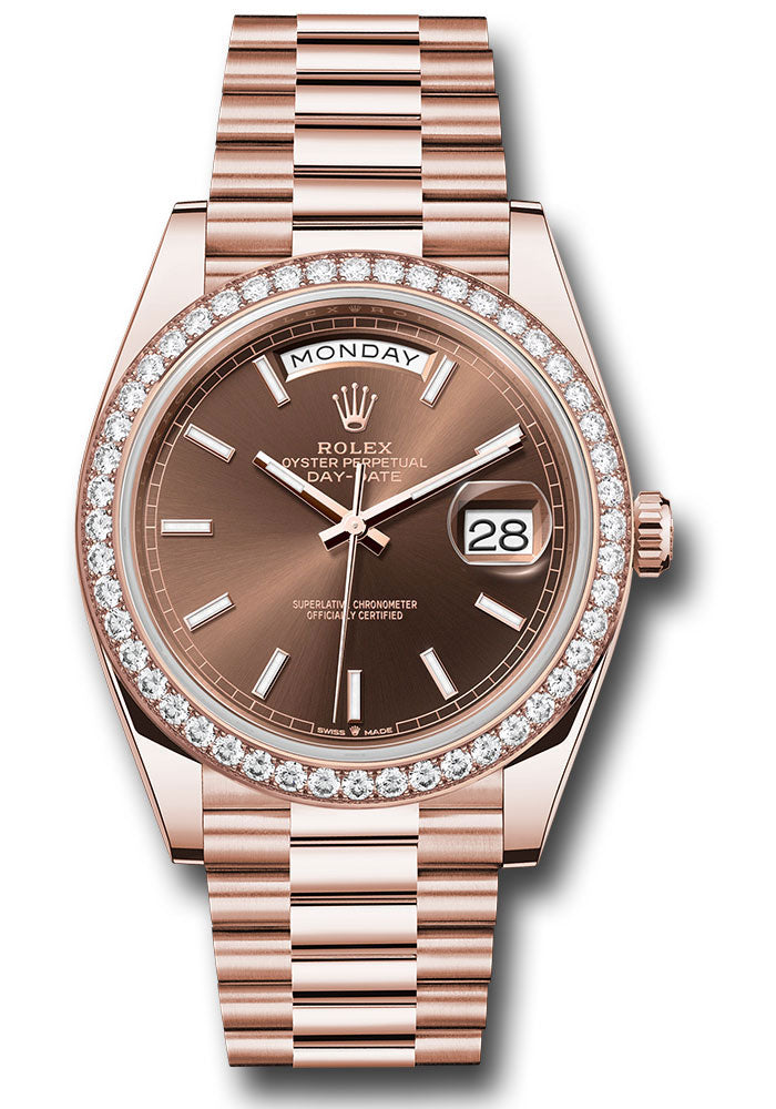 *Pre-Owned* Rolex Everose Gold Day-Date 40 Watch - Diamond Bezel - Chocolate Index Dial - President Bracelet