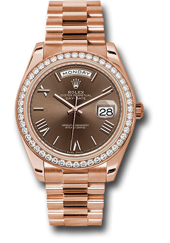 *Pre-Owned* Rolex Everose Gold Day-Date 40 Watch - Everose Gold Bezel - Chocolate Bevelled Roman Dial - President Bracelet