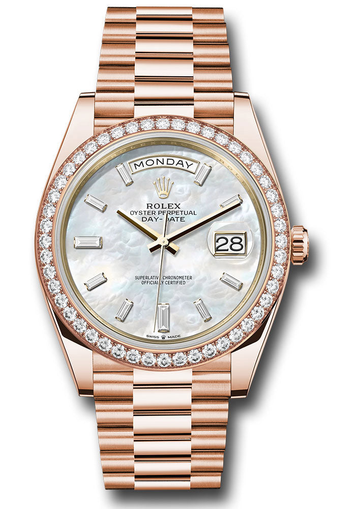 *Pre-Owned* Rolex Everose Gold Day-Date 40 Watch - Diamond Bezel - White Mother-Of-Pearl Dial - President Bracelet