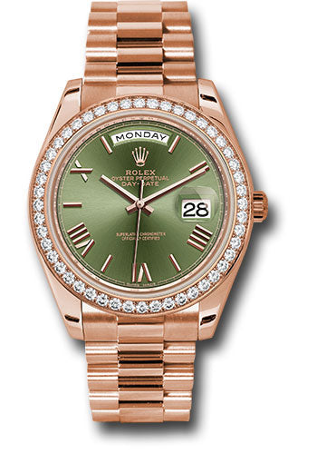 *Pre-Owned* Rolex Everose Gold Day-Date 40 Watch - Everose Gold Bezel - Olive Green Bevelled Roman Dial - President Bracelet