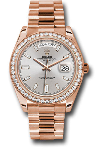 *Pre-Owned* Rolex Everose Gold Day-Date 40 Watch - Everose Gold Bezel - Sundust Baguette-Cut Diamond Dial - President Bracelet