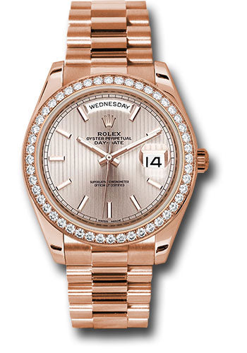 *Pre-Owned* Rolex Everose Gold Day-Date 40 Watch - Everose Gold Bezel - Sundust Strip Motif Index Dial - President Bracelet