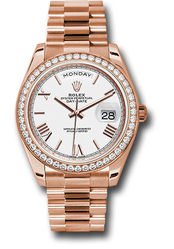 *Pre-Owned* Rolex Everose Gold Day-Date 40 Watch - Everose Gold Bezel - White Bevelled Roman Dial - President Bracelet