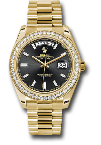 *Pre-Owned* Rolex Yellow Gold Day-Date 40 Watch - Bezel - Black Baguette Diamond Dial - President Bracelet