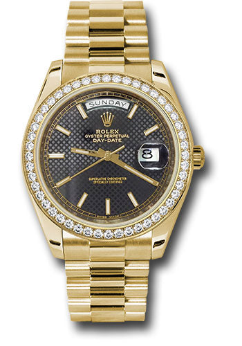 *Pre-Owned* Rolex Yellow Gold Day-Date 40 Watch - Bezel - Black Diagonal Motif Index Dial - President Bracelet