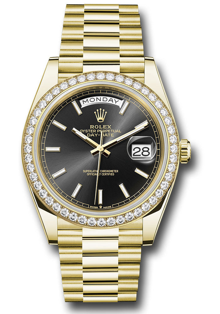 *Pre-Owned* Rolex Yellow Gold Day-Date 40 Watch - Diamond Bezel - Black Index Dial - President Bracelet