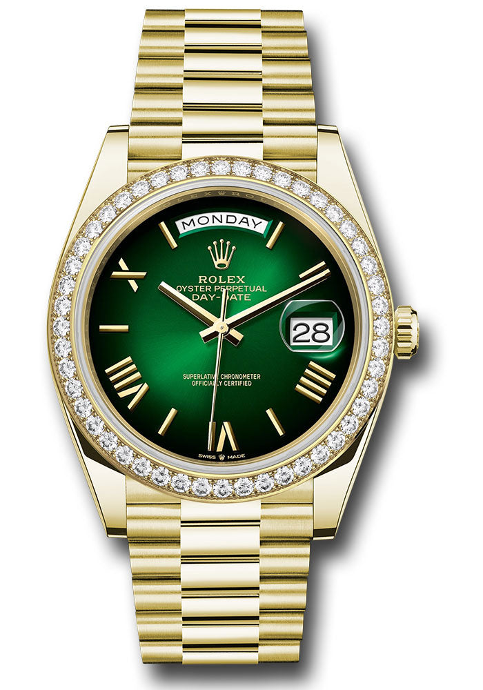 *Pre-Owned* Rolex Yellow Gold Day-Date 40 Watch - Diamond Bezel - Green OmbrÃ© Roman Dial - President Bracelet