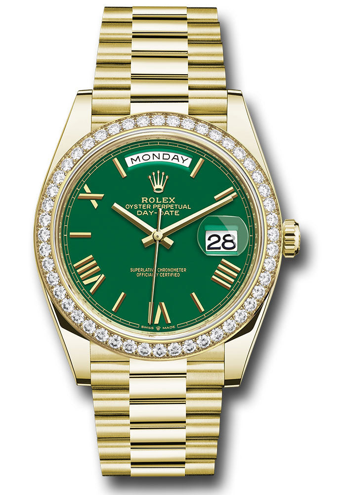 *Pre-Owned* Rolex Yellow Gold Day-Date 40 Watch - Diamond Bezel - Green Roman Dial - President Bracelet