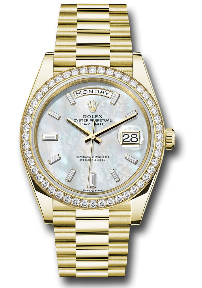 *Pre-Owned* Rolex Yellow Gold Day-Date 40 Watch - Diamond Bezel - White Mother-Of-Pearl Dial - President Bracelet