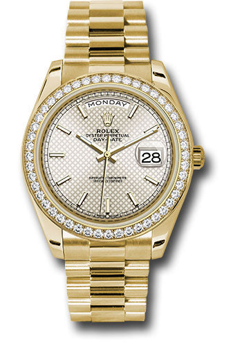 *Pre-Owned* Rolex Yellow Gold Day-Date 40 Watch - Bezel - Silver Diagonal Motif Index Dial - President Bracelet