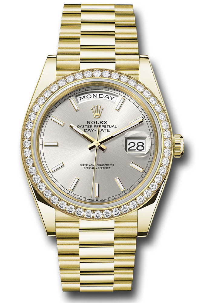 *Pre-Owned* Rolex Yellow Gold Day-Date 40 Watch - Diamond Bezel - Silver Index Dial - President Bracelet