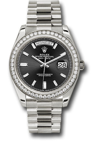 *Pre-Owned* Rolex White Gold Day-Date 40 Watch - White Gold Bezel - Black Baguette Diamond Dial - President Bracelet