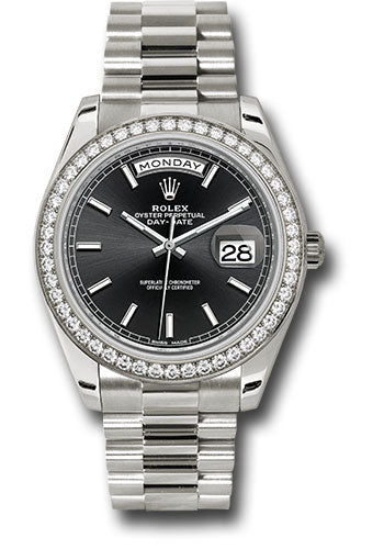 *Pre-Owned* Rolex White Gold Day-Date 40 Watch - Bezel - Black Index Dial - President Bracelet