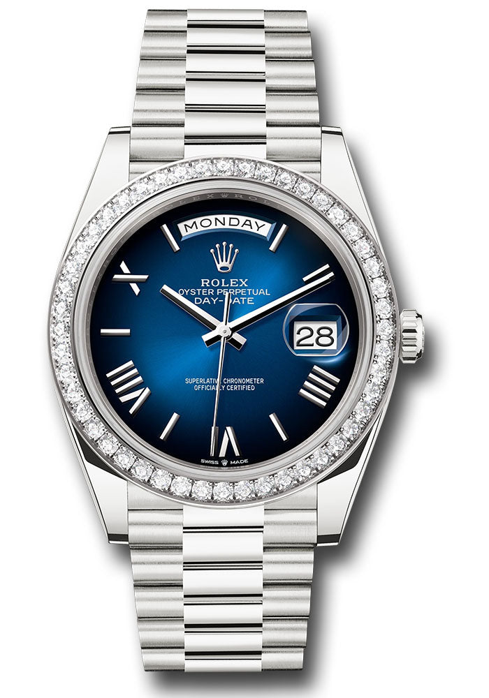 *Pre-Owned* Rolex White Gold Day-Date 40 Watch - Diamond Bezel - Blue OmbrÃ© Roman Dial - President Bracelet
