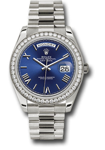 *Pre-Owned* Rolex White Gold Day-Date 40 Watch - Bezel - Blue Bevelled Roman Dial - President Bracelet