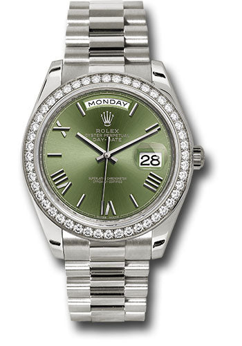 *Pre-Owned* Rolex White Gold Day-Date 40 Watch - Bezel - Olive Green Bevelled Roman Dial - President Bracelet