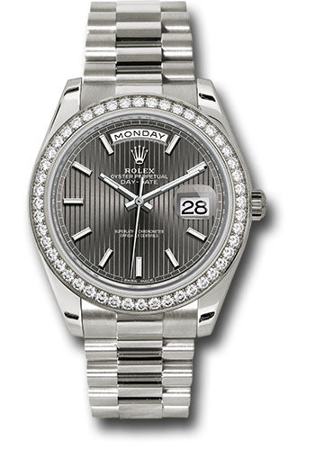 *Pre-Owned* Rolex White Gold Day-Date 40 Watch - Bezel - Dark Rhodium Stripe Motif Index Dial - President Bracelet