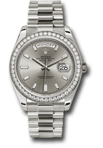 *Pre-Owned* Rolex White Gold Day-Date 40 Watch - White Gold Bezel - Silver Baguette Diamond Dial - President Bracelet