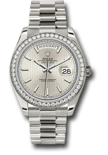 *Pre-Owned* Rolex White Gold Day-Date 40 Watch - Bezel - Silver Stripe Motif Index Dial - President Bracelet