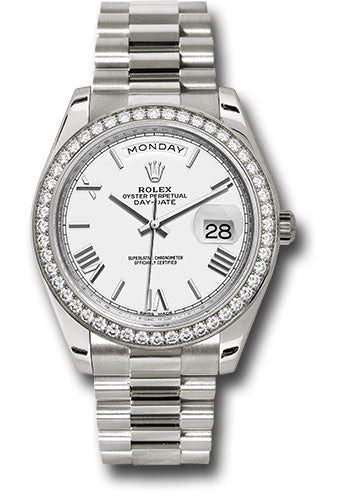 *Pre-Owned* Rolex White Gold Day-Date 40 Watch - Bezel - White Bevelled Roman Dial - President Bracelet