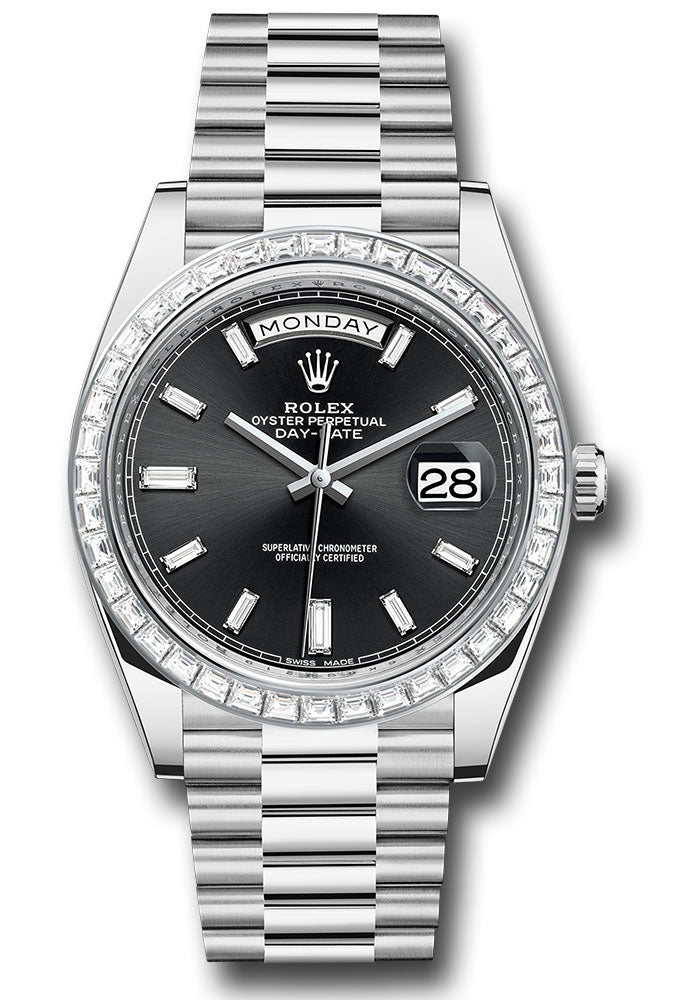 *Pre-Owned* Rolex 950 Platinum Day-Date 40 Watch - Baguette Diamond Bezel - Black Baguette Diamond Dial - President Bracelet