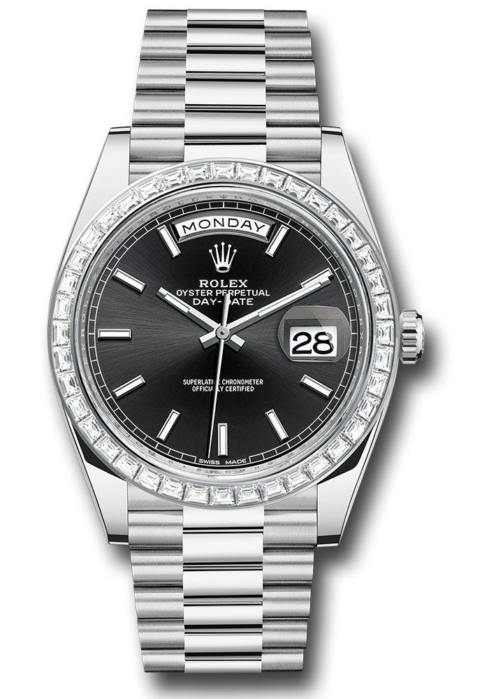 *Pre-Owned* Rolex 950 Platinum Day-Date 40 Watch - Baguette Diamond Bezel - Black Index Dial - President Bracelet