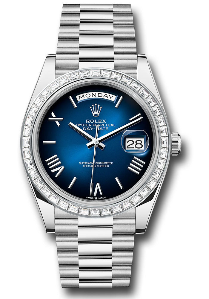 *Pre-Owned* Rolex Platinum Day-Date 40 Watch - Diamond Bezel - Blue OmbrÃ© Roman Dial - President Bracelet