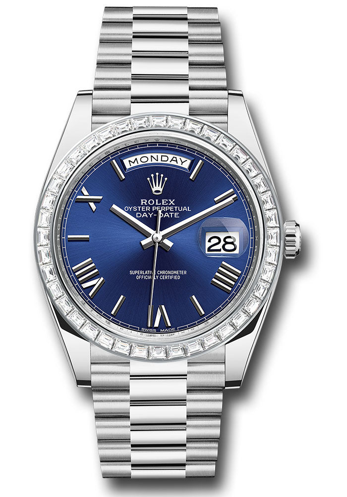 *Pre-Owned* Rolex 950 Platinum Day-Date 40 Watch - Baguette Diamond Bezel - Blue Bevelled Roman Dial - President Bracelet