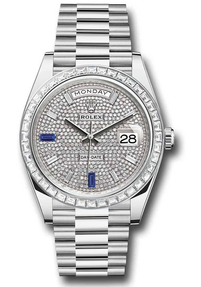 *Pre-Owned* Rolex Platinum Day-Date 40 Watch - Baguette Diamond Bezel - Diamond And Sapphire Paved Diamond Dial - President Bracelet