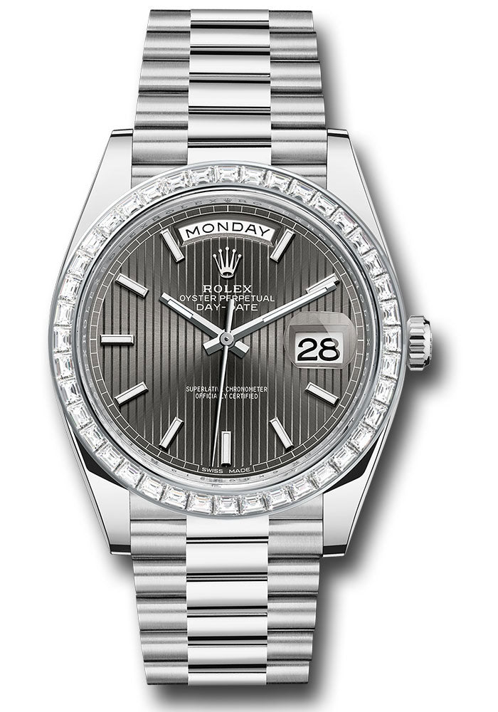 *Pre-Owned* Rolex 950 Platinum Day-Date 40 Watch - Baguette Diamond Bezel - Dark Rhodium Index Dial - President Bracelet