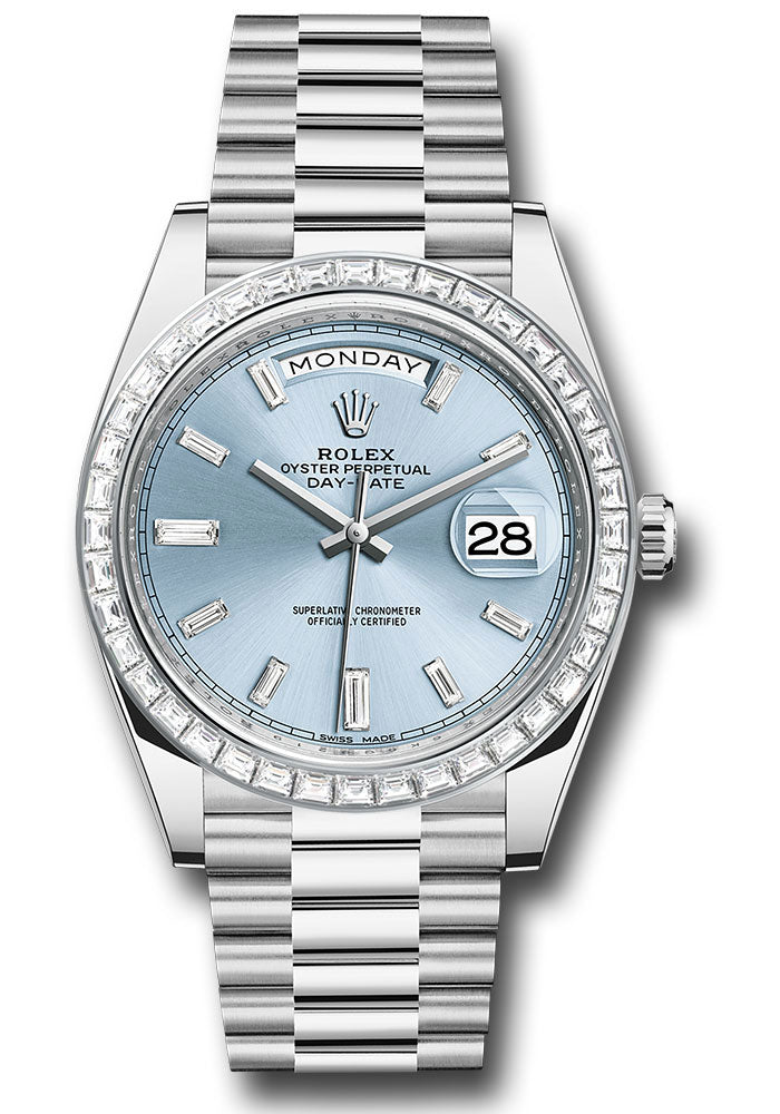 *Pre-Owned* Rolex 950 Platinum Day-Date 40 Watch - Baguette Diamond Bezel - Ice Blue Baguette Diamond Dial - President Bracelet