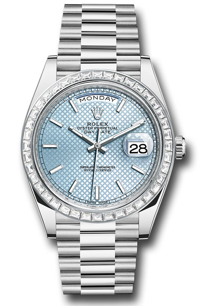 *Pre-Owned* Rolex 950 Platinum Day-Date 40 Watch - Baguette Diamond Bezel - Ice Blue Diagonal Motif Index Dial - President Bracelet