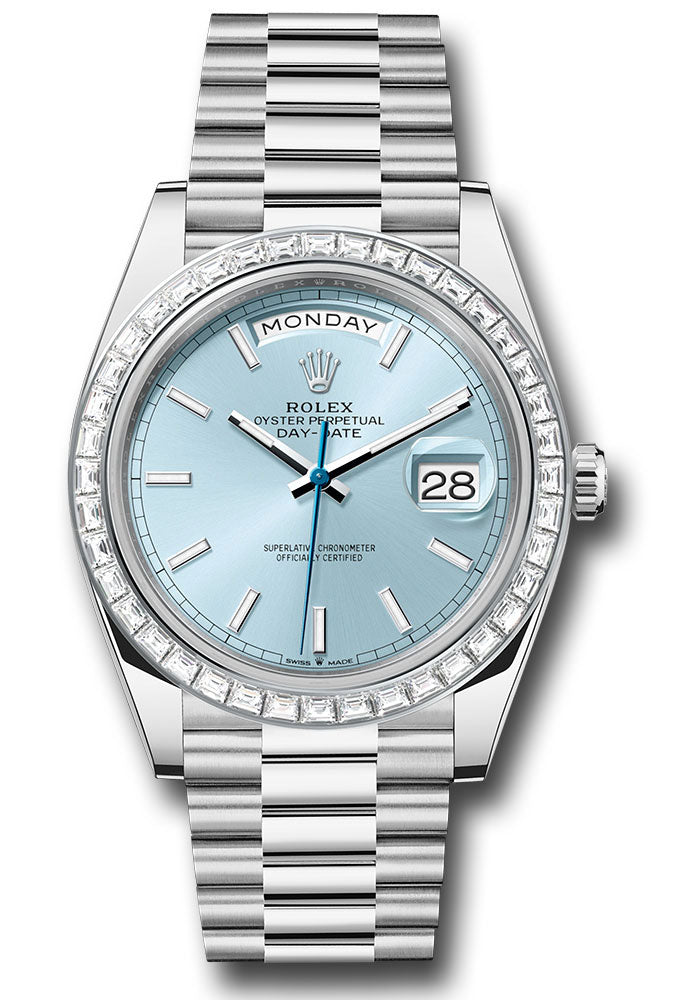 *Pre-Owned* Rolex Platinum Day-Date 40 Watch - Diamond Bezel - Ice Blue Index Dial - President Bracelet