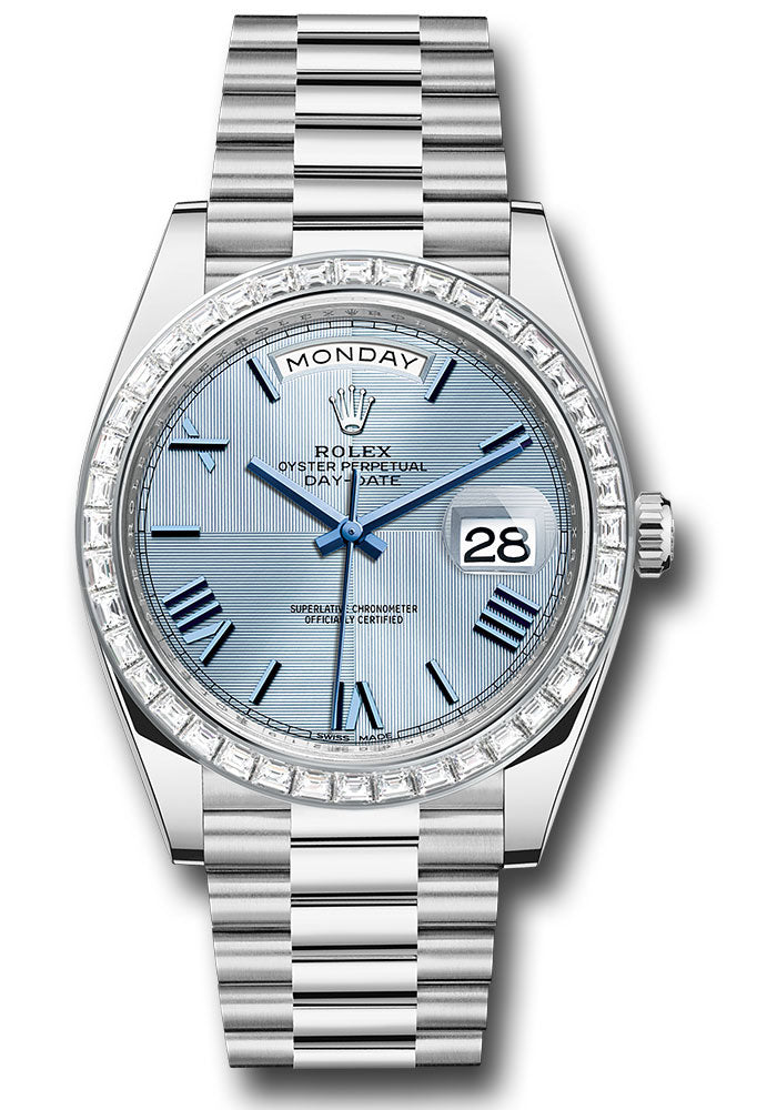 *Pre-Owned* Rolex 950 Platinum Day-Date 40 Watch - Baguette Diamond Bezel - Ice Blue Quadrant Motif Bevelled Roman Dial - President Bracelet