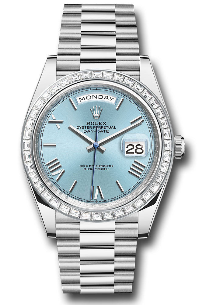 *Pre-Owned* Rolex Platinum Day-Date 40 Watch - Baguette Diamond Bezel - Ice Blue Roman Dial - President Bracelet
