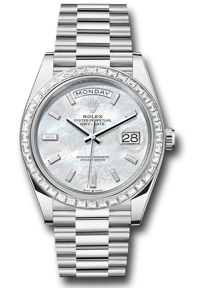 *Pre-Owned* Rolex Platinum Day-Date 40 Watch - Diamond Bezel - White Mother-Of-Pearl Dial - President Bracelet
