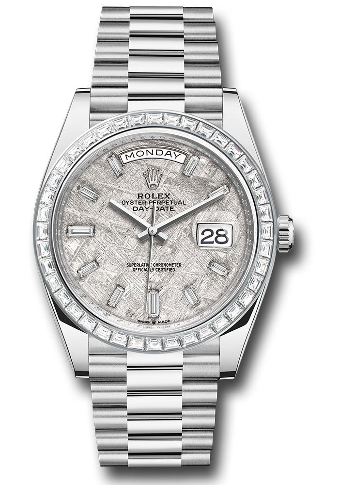 *Pre-Owned* Rolex Platinum Day-Date 40 Watch - Baguette Diamond Bezel - Meteorite Diamond Dial - President Bracelet