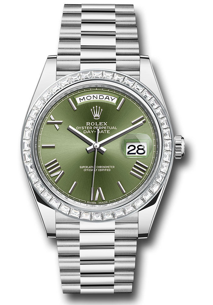 *Pre-Owned* Rolex 950 Platinum Day-Date 40 Watch - Baguette Diamond Bezel - Olive Green Bevelled Roman Dial - President Bracelet