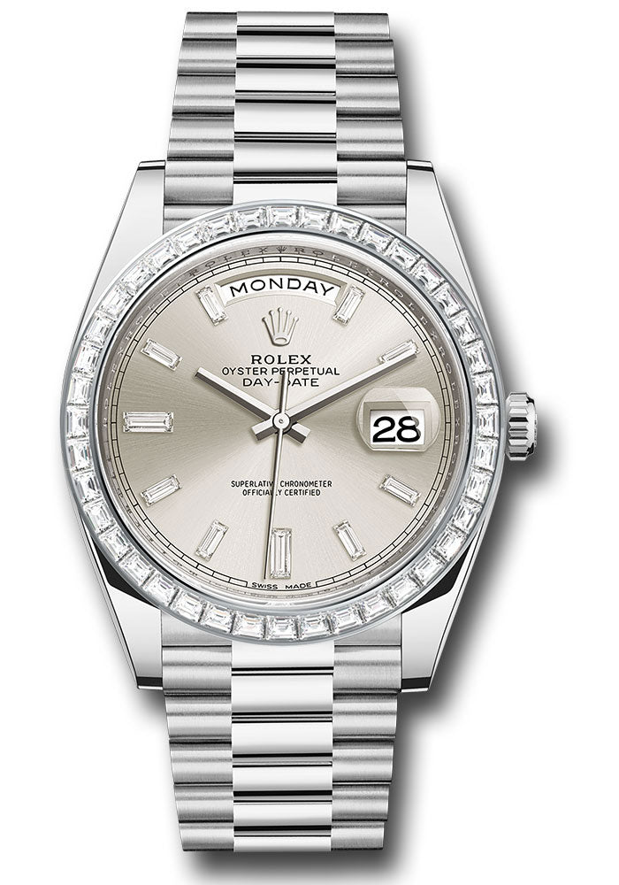 *Pre-Owned* Rolex 950 Platinum Day-Date 40 Watch - Baguette Diamond Bezel - Silver Baguette Diamond Dial - President Bracelet