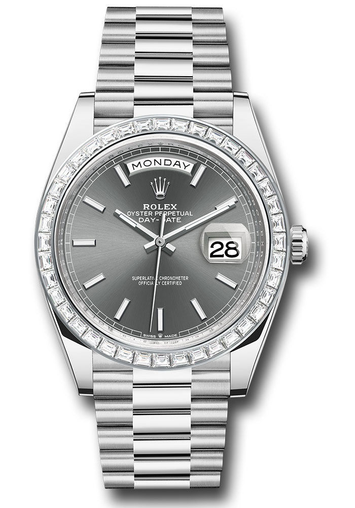 *Pre-Owned* Rolex Platinum Day-Date 40 Watch - Baguette Diamond Bezel - Slate Index Dial - President Bracelet