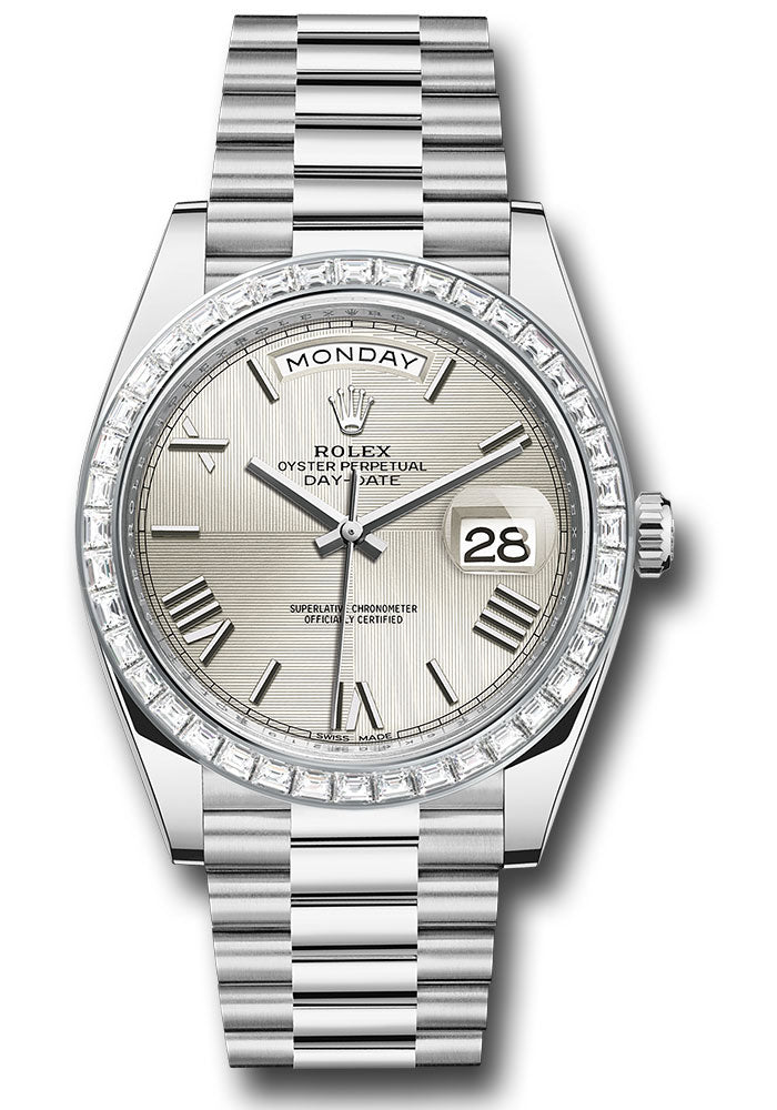 *Pre-Owned* Rolex 950 Platinum Day-Date 40 Watch - Baguette Diamond Bezel - Silver Quadrant Motif Bevelled Roman Dial - President Bracelet