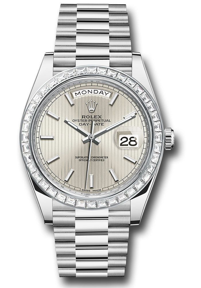 *Pre-Owned* Rolex 950 Platinum Day-Date 40 Watch - Baguette Diamond Bezel - Silver Strip Motif Index Dial - President Bracelet