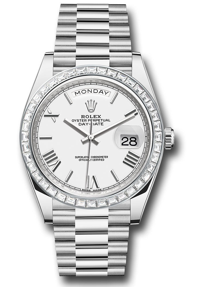 *Pre-Owned* Rolex 950 Platinum Day-Date 40 Watch - Baguette Diamond Bezel - White Bevelled Roman Dial - President Bracelet