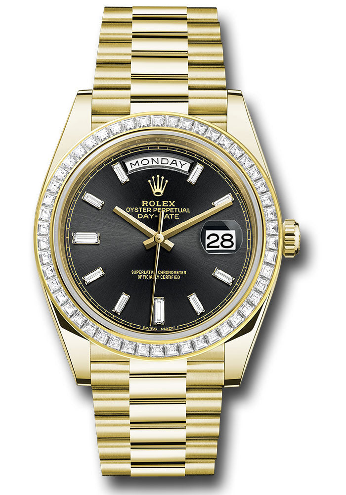 *Pre-Owned* Rolex Yellow Gold Day-Date 40 Watch - Yellow Gold Bezel - Black Baguette Diamond Dial - President Bracelet