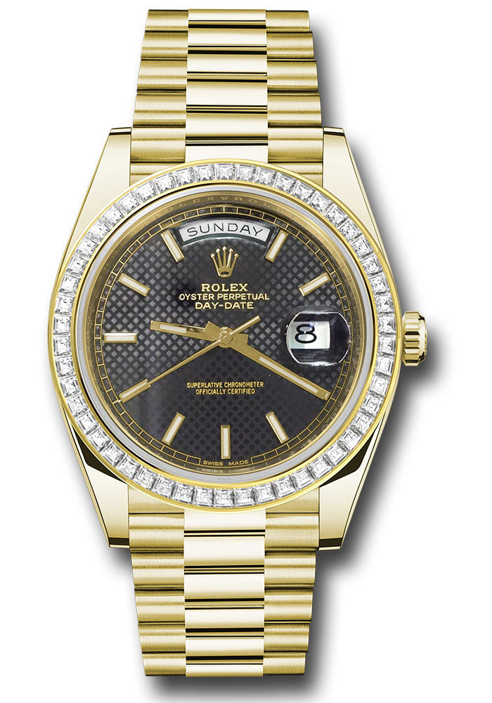 *Pre-Owned* Rolex Yellow Gold Day-Date 40 Watch - Baguette Diamond Bezel - Black Diagonal Motif Index Dial - President Bracelet