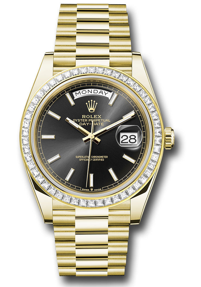 *Pre-Owned* Rolex Yellow Gold Day-Date 40 Watch - Diamond Bezel - Black Index Dial - President Bracelet