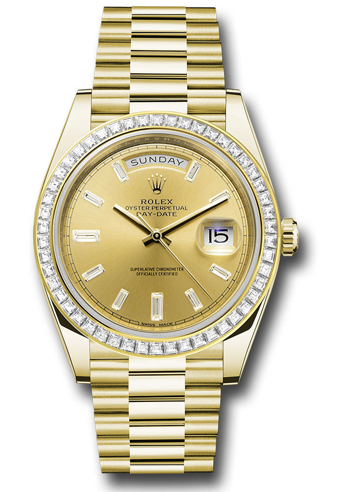 *Pre-Owned* Rolex Yellow Gold Day-Date 40 Watch - Baguette Diamond Bezel - Champagne Baguette Diamond Dial - President Bracelet