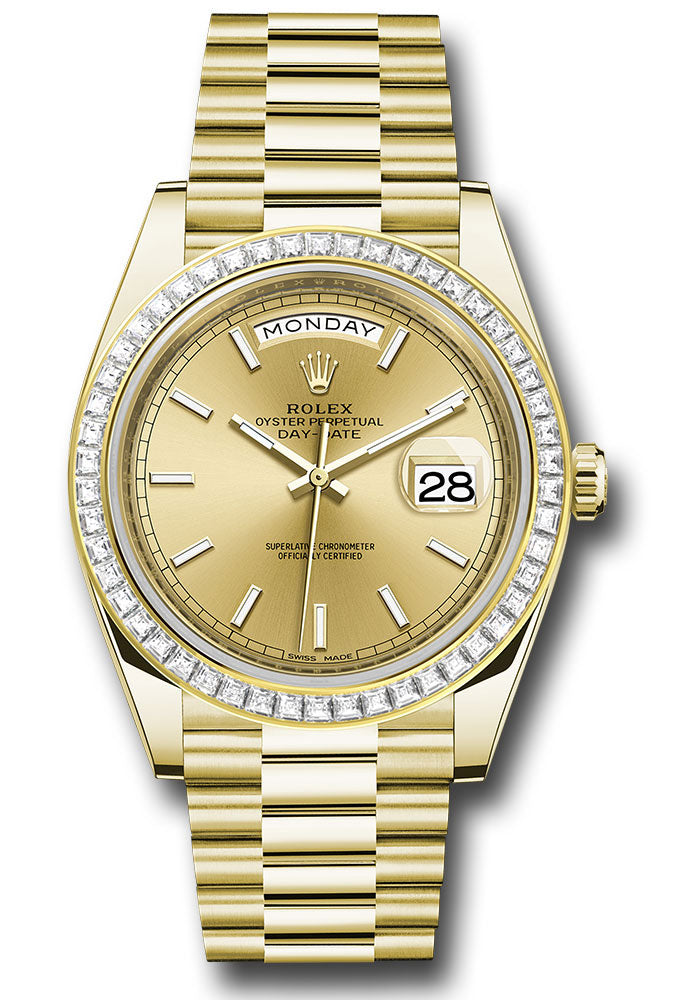 *Pre-Owned* Rolex Yellow Gold Day-Date 40 Watch - Baguette Diamond Bezel - Champagne Index Dial - President Bracelet